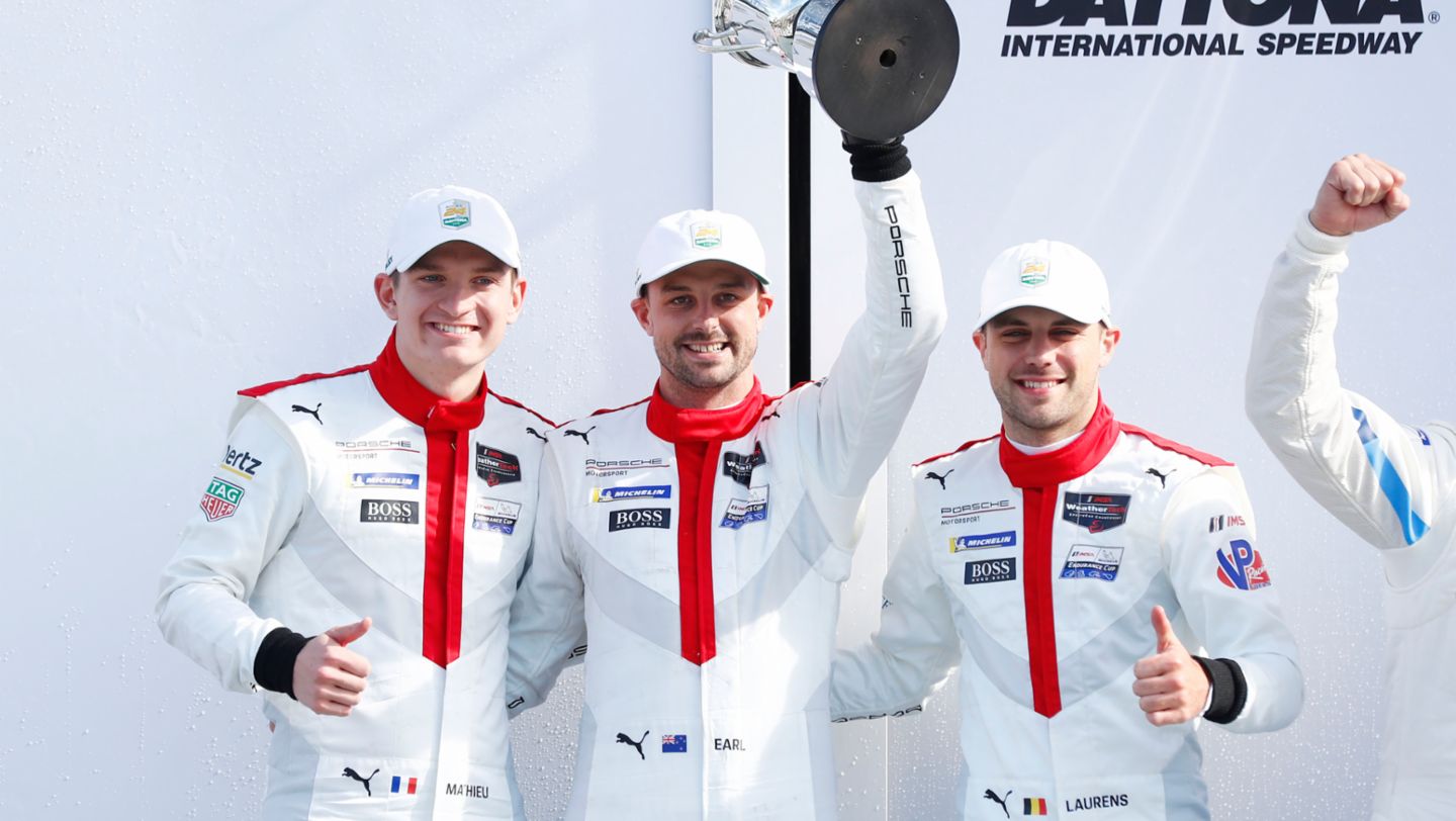 Porsche GT Team: Mathieu Jaminet (F), Earl Bamber (NZ), Laurens Vanthoor (B) (l-r), Daytona, 2020, PCNA